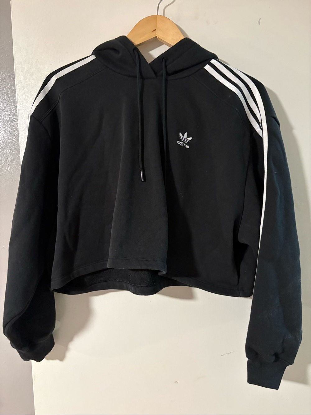 adidas Black Cropped Hoodie with White Sleeve Stripes - Picture 2 of 2